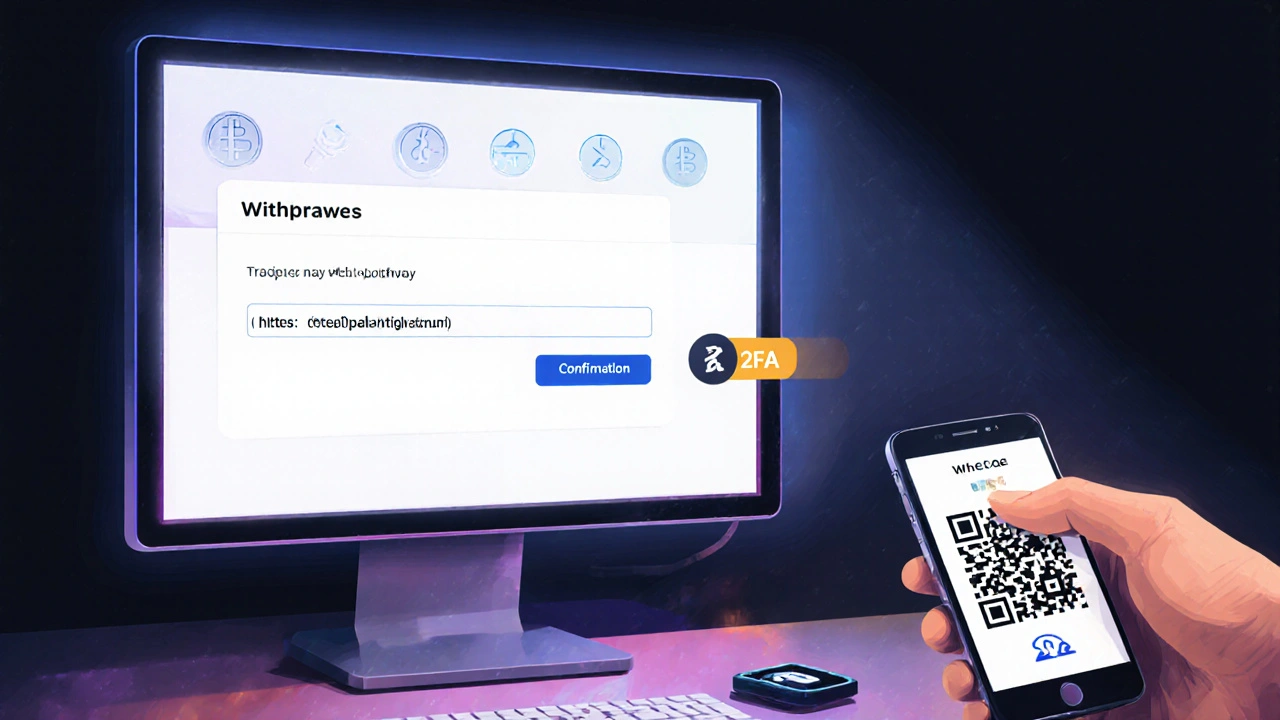 Main confirmant un retrait crypto sur un ordinateur, scannant un code QR.