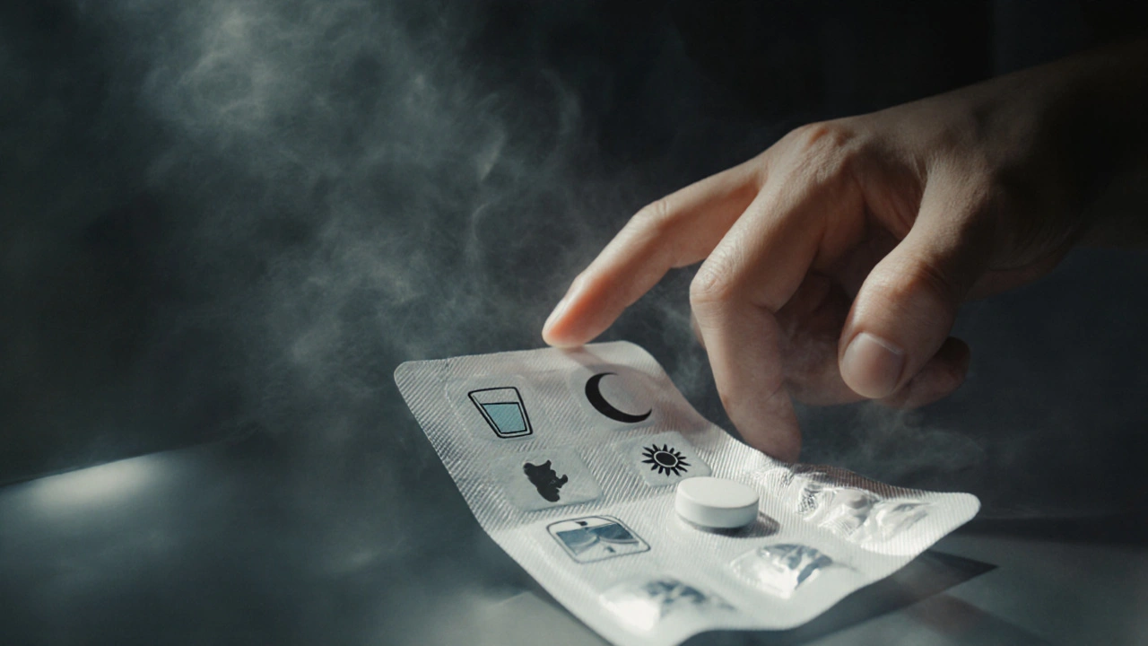 Main pointant vers des pictogrammes sur un emballage médical : verre d&#039;eau, lune et soleil.