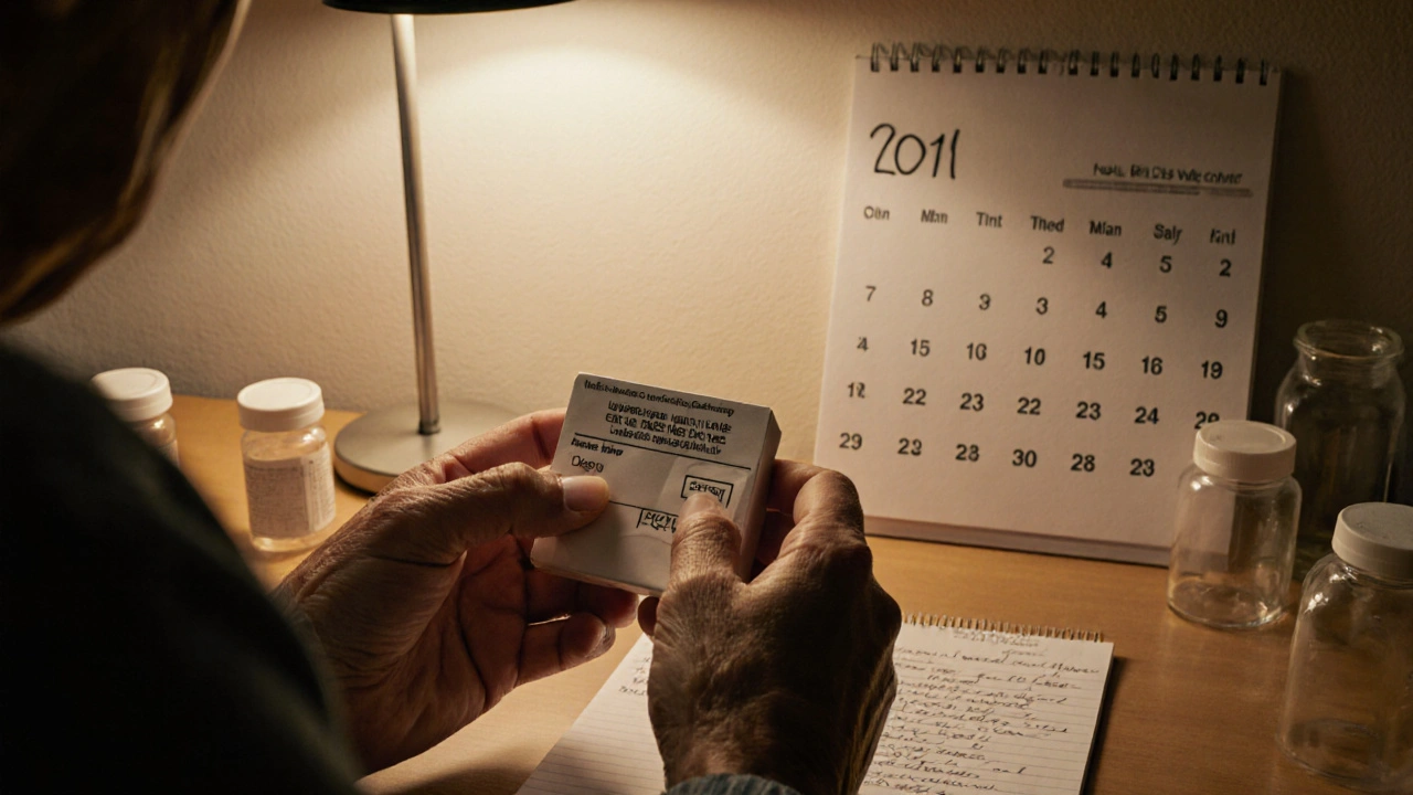 Personne âgée lisant la date de péremption d&#039;un médicament sous une lampe, avec des flacons vides à côté.