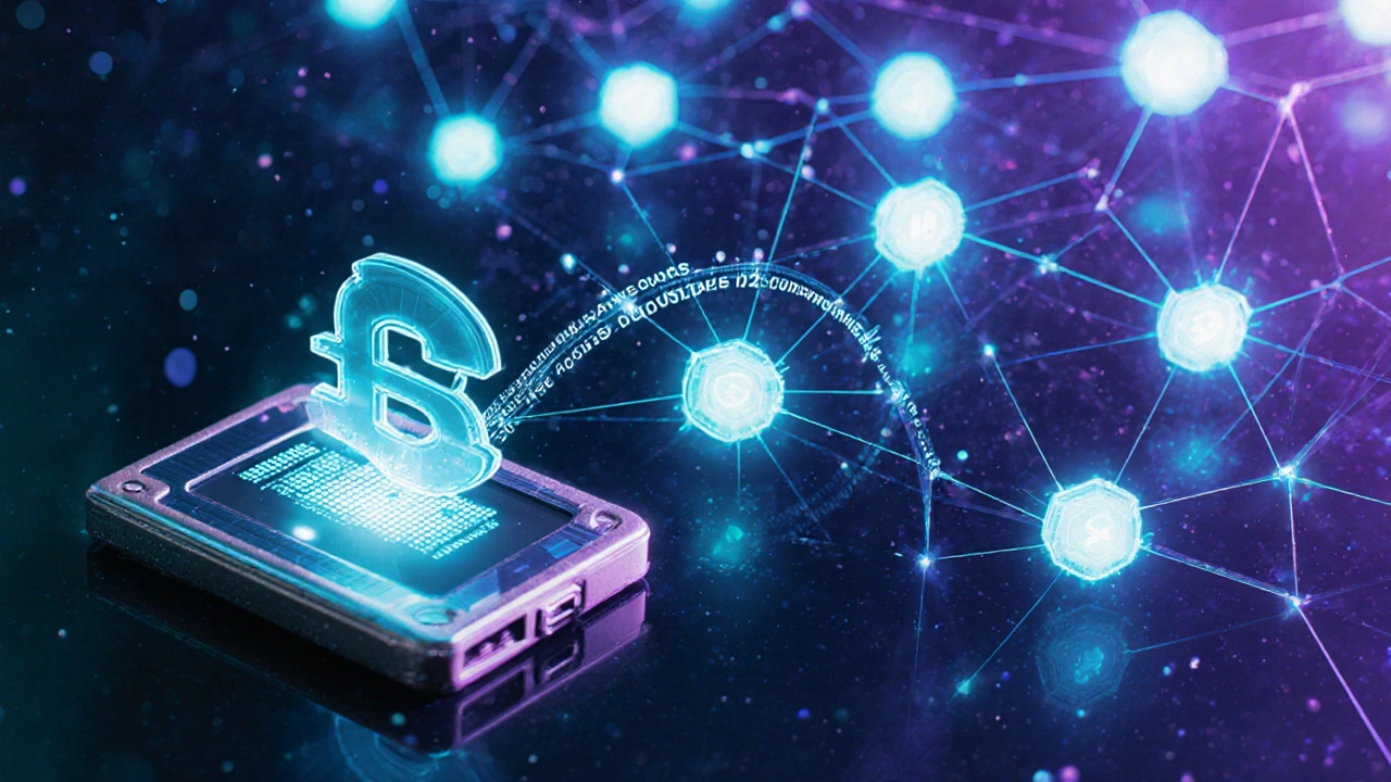 Visualisation du réseau blockchain confirmant un transfert vers un portefeuille matériel.
