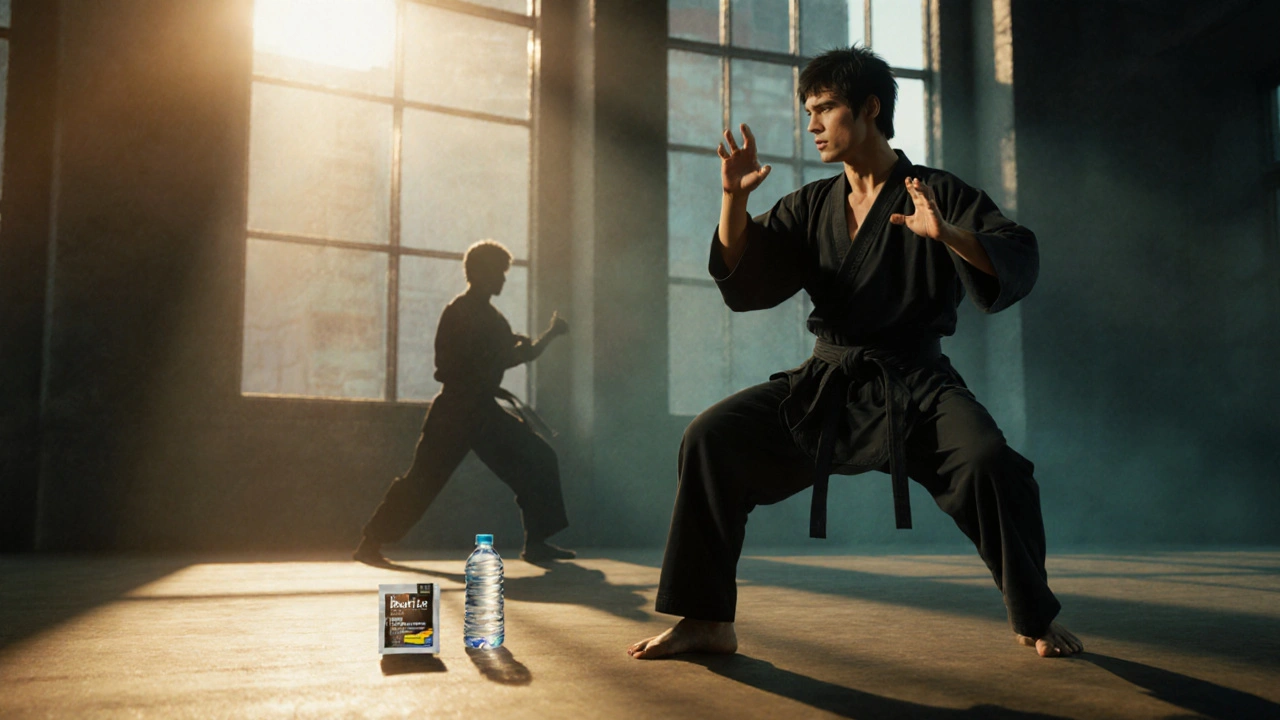 Artiste martial moderne s’entraîne, avec un léger fantôme de Bruce Lee en arrière-plan.