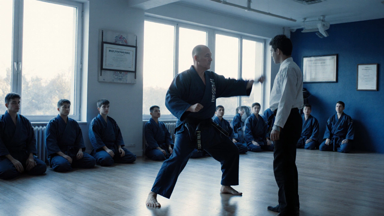 Chef d'dojo français exécutant un kata sous la lumière matinale du dojo.