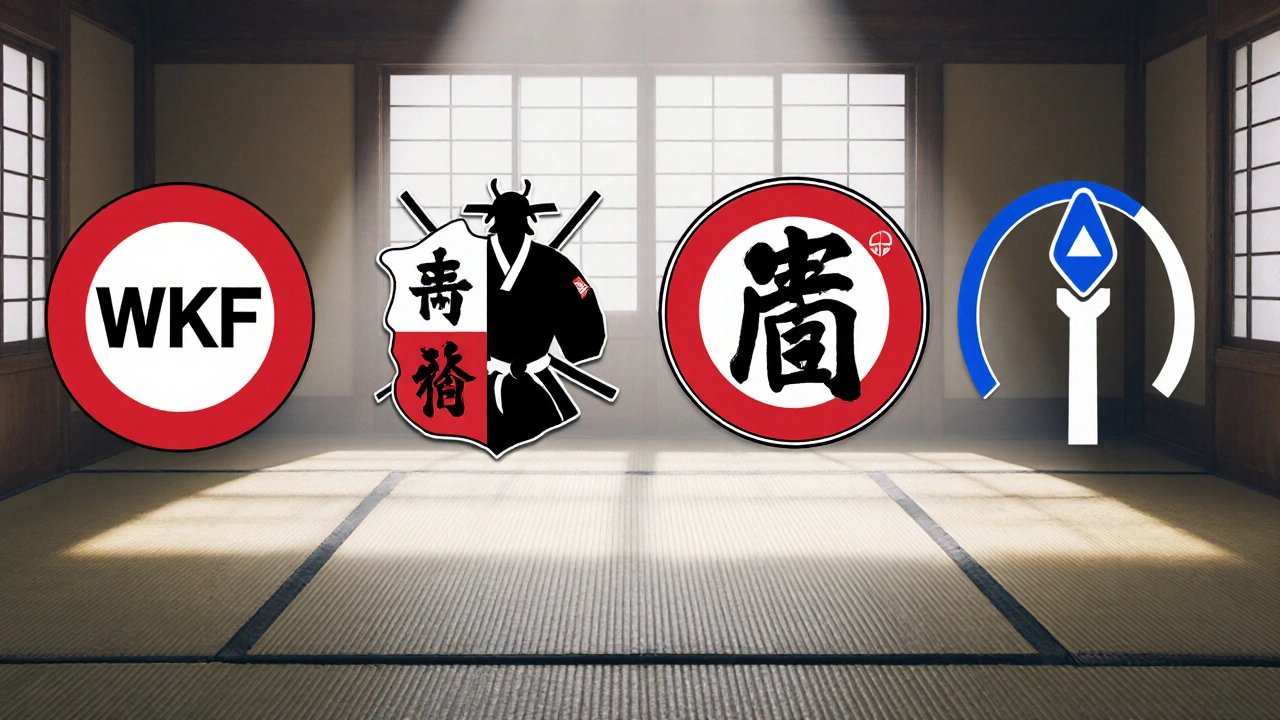 Collage d'emblèmes de quatre écoles de karaté autour d'un tatami au dojo.