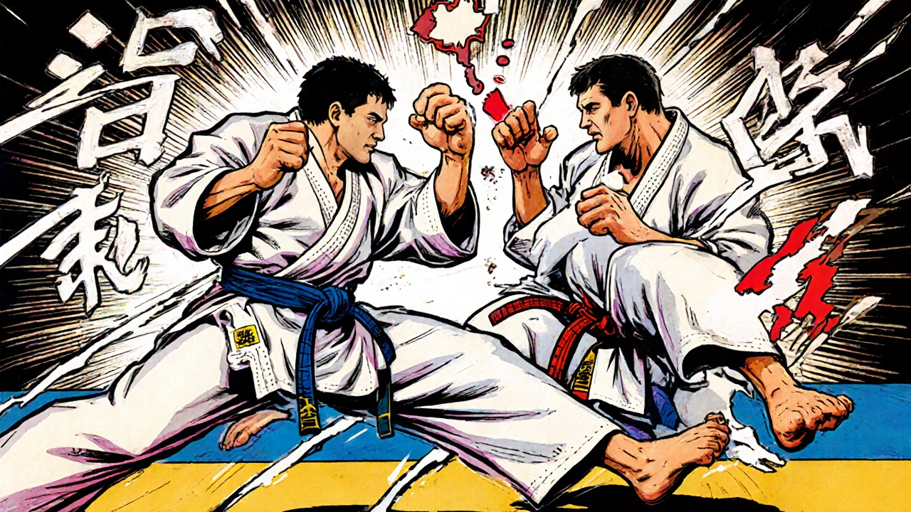 Combat de kumite stylisé, deux pratiquants en gi avec des lignes de mouvement indiquant le contrôle.