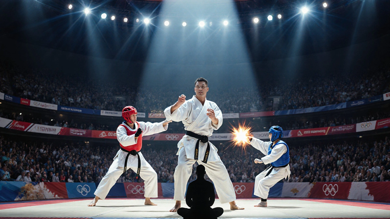 Compétition olympique avec un karatéka en kata et un taekwondoïste en combat.