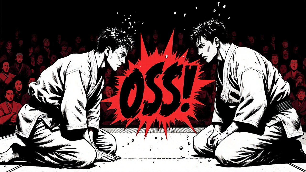 Deux karatékas se font face avant un combat, un &#039;OSS!&#039; énergique se dégage d&#039;eux en forme d&#039;onde.