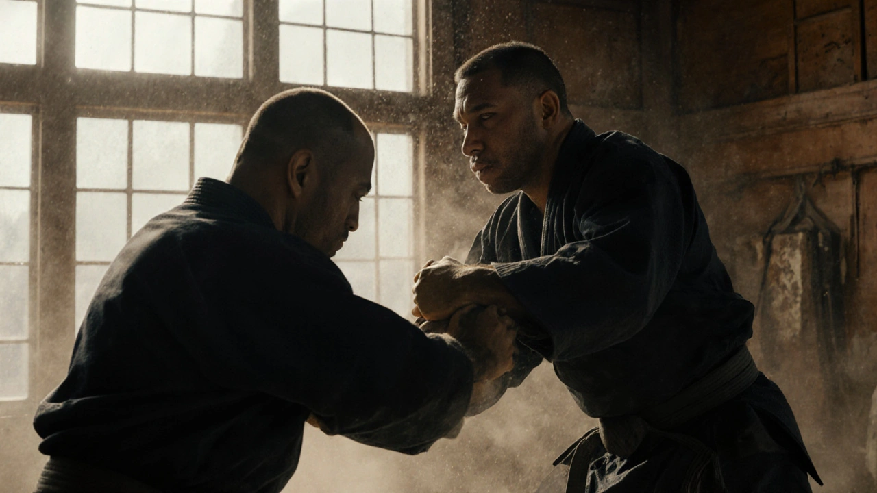 Deux pratiquants en train de s&#039;entraîner à libérer une prise sans protections.