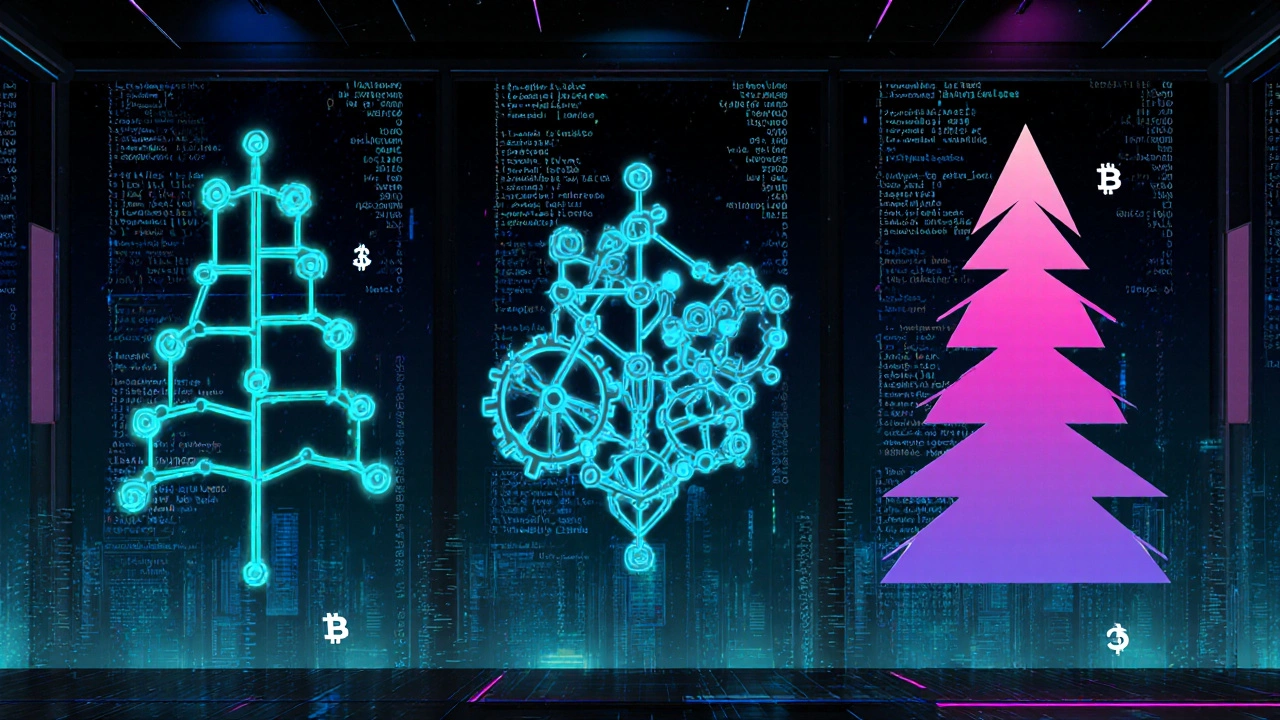 Différents types d'arbres Merkle affichés dans un environnement futuriste.