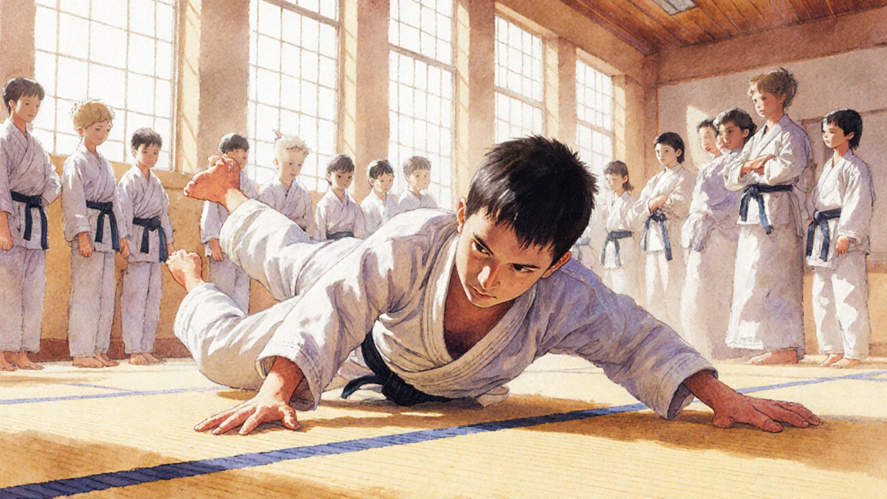 Élève tombant sur un tatami avec calme et dignité, entouré de camarades respectueux.