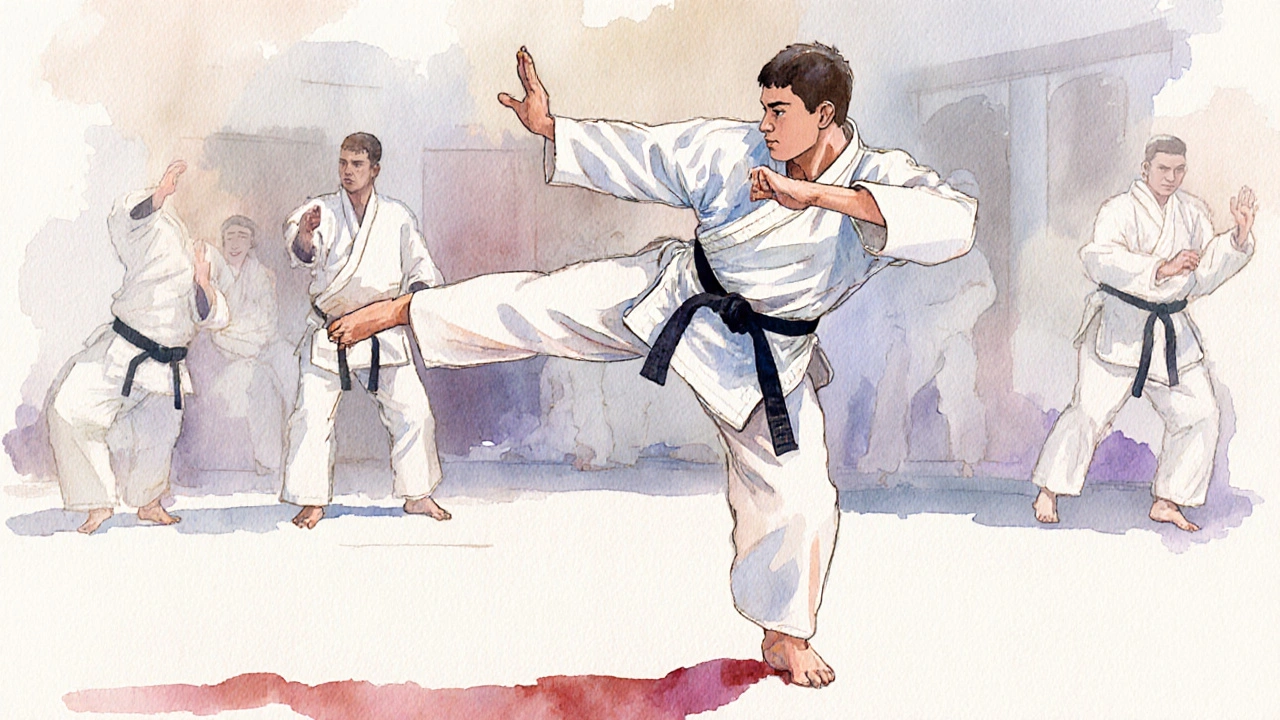 Étudiant effectuant un kihon puis un kata, avec des coups de pinceau montrant le mouvement.
