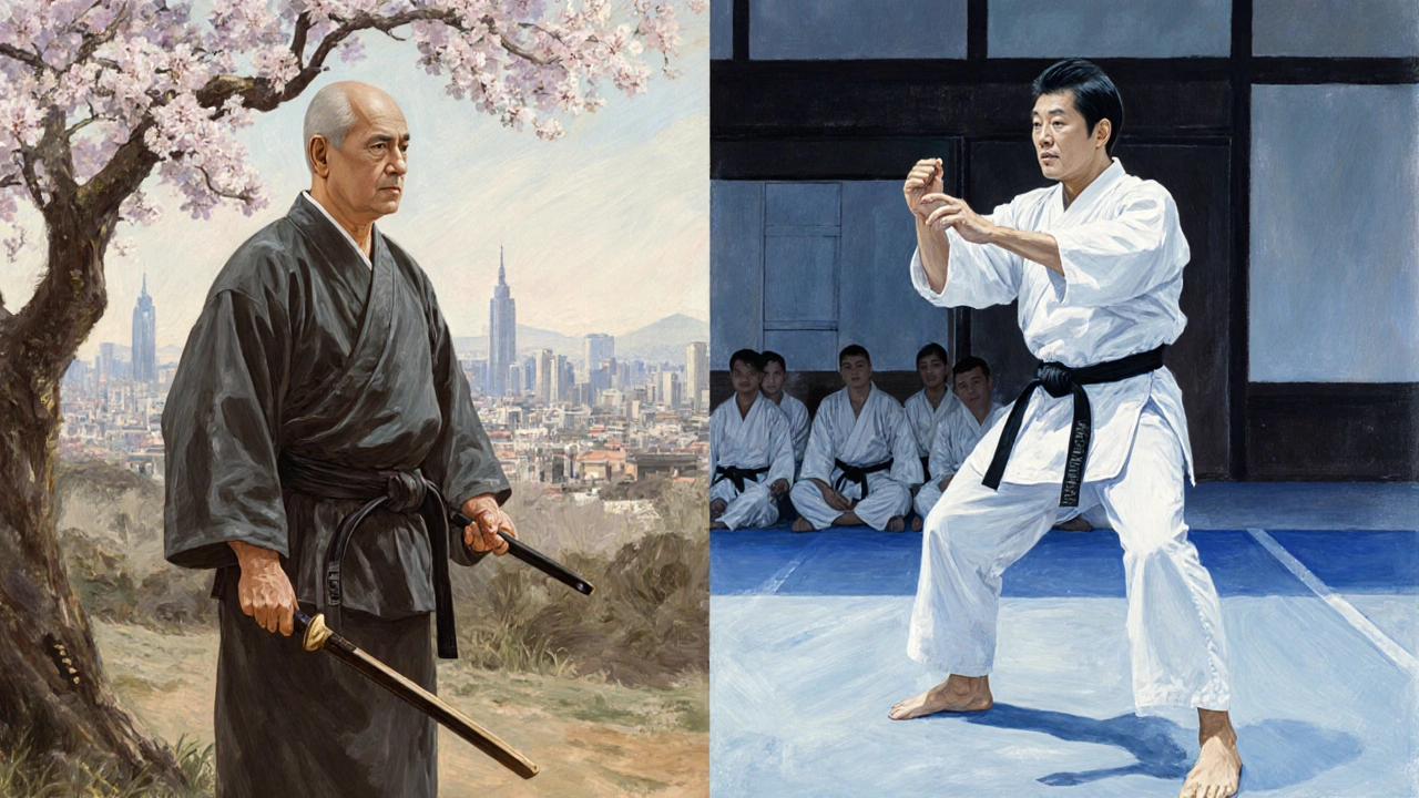 Gichin Funakoshi et Masatoshi Nakayama illustrés dans des décors historiques différents.