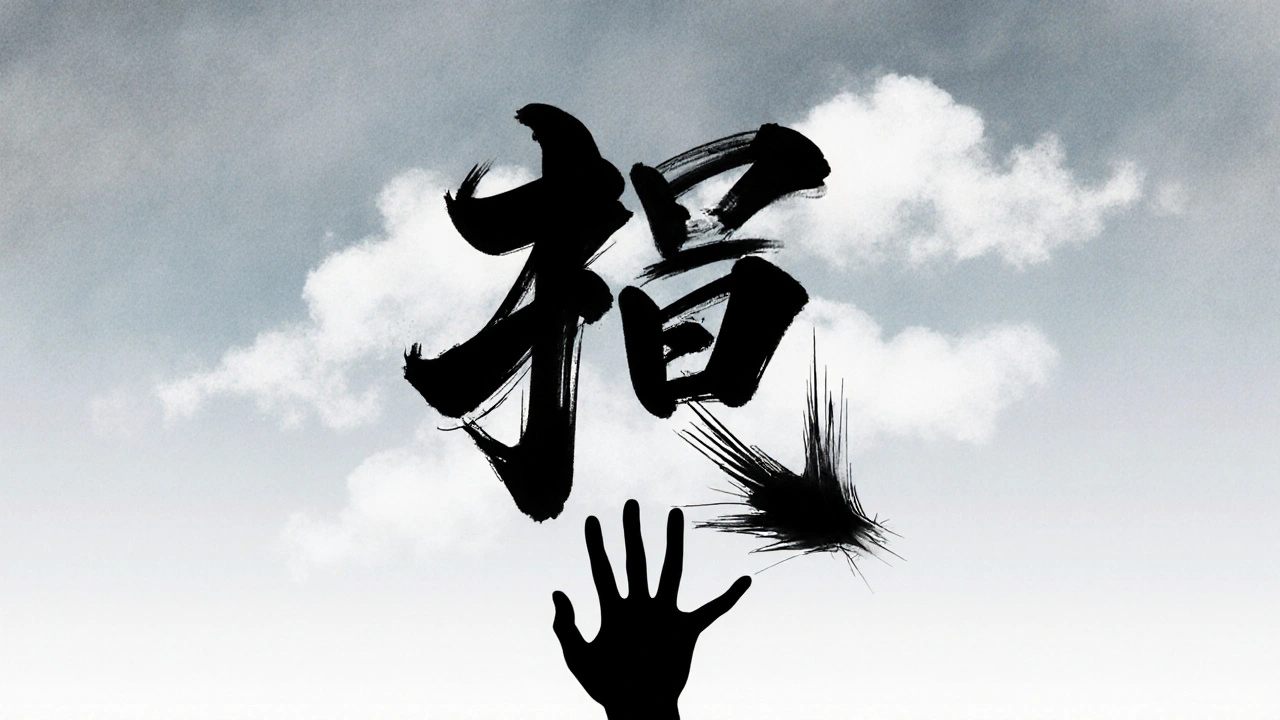 Illustration à l'encre du kanji 空手 avec nuages et main vide en arrière‑plan.