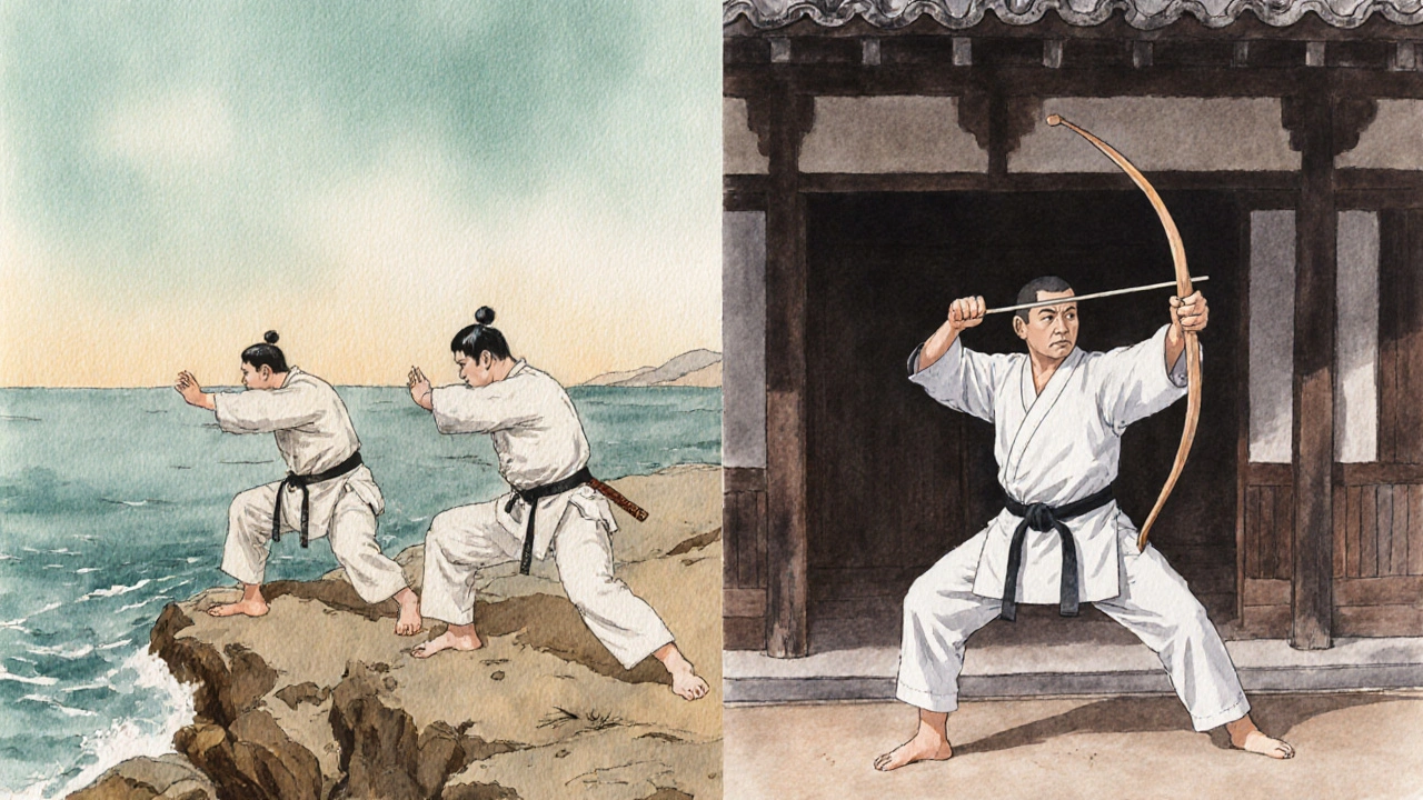 Illustration aquarelle montrant l'évolution du karaté d'Okinawa à Tokyo.