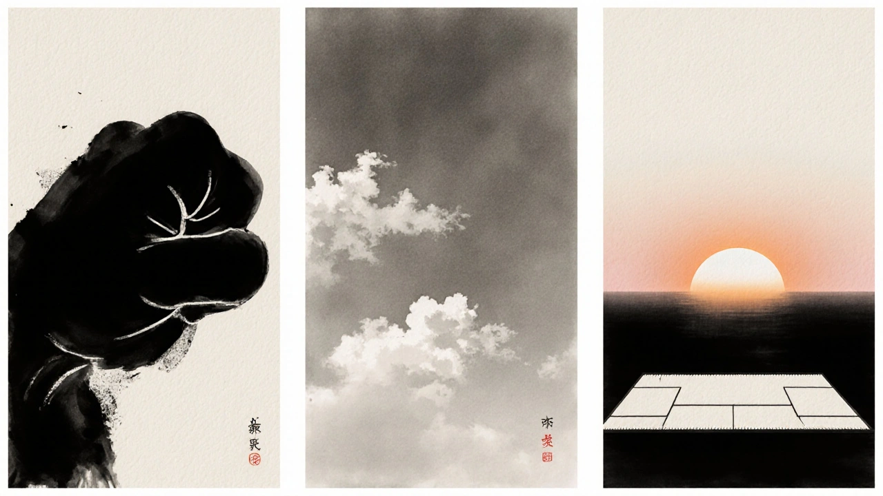 Illustration en encre montrant un poing, le ciel et un lever de soleil symbolisant Ken, Zen et Ichinichi