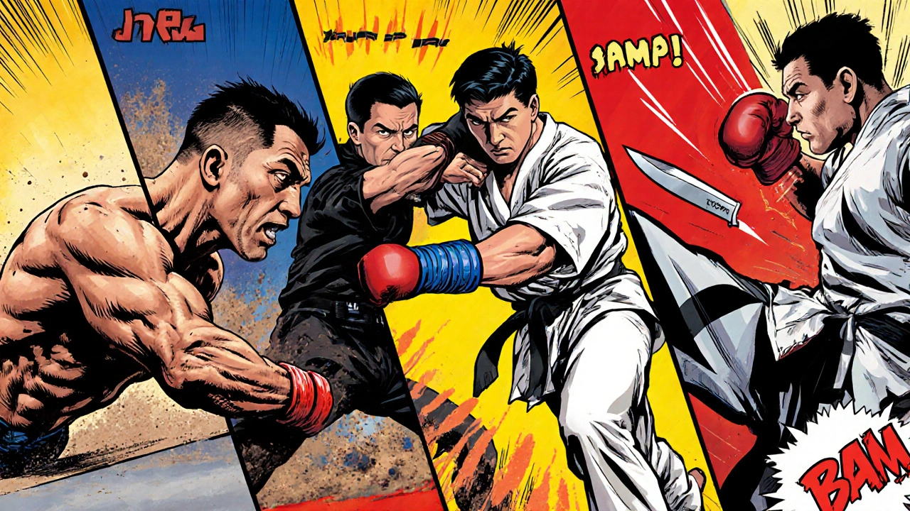 Illustration en panneaux montrant MMA, Krav Maga, Muay Thai, boxe et karaté en action.