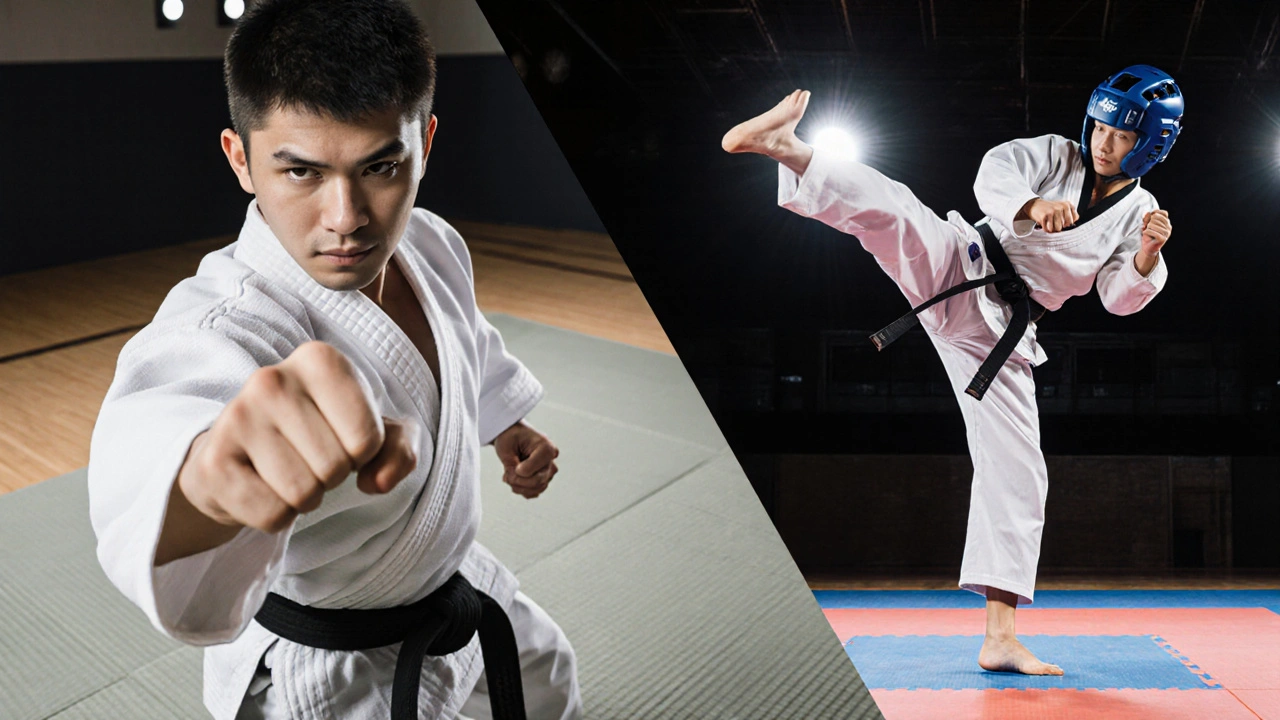 Karateka au coup de poing et taekwondoïste au coup de pied haut en action.