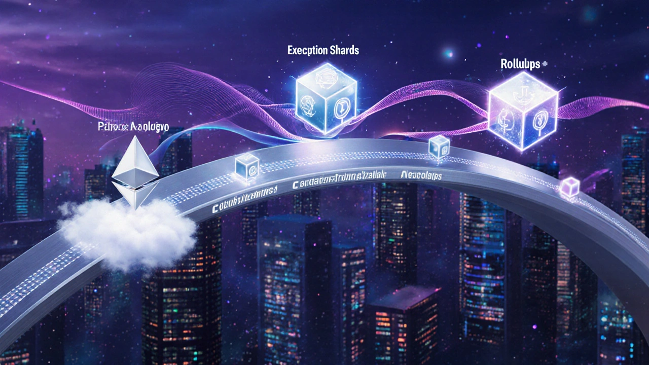 Panorama futuriste montrant la feuille de route d&#039;Ethereum 2.0 avec shards et rollups.