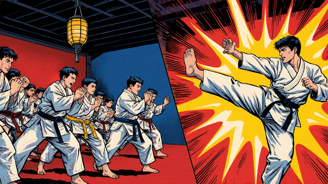 Scène BD d'élèves pratiquant kata et kumite, avec coups dynamiques et ceintures colorées.