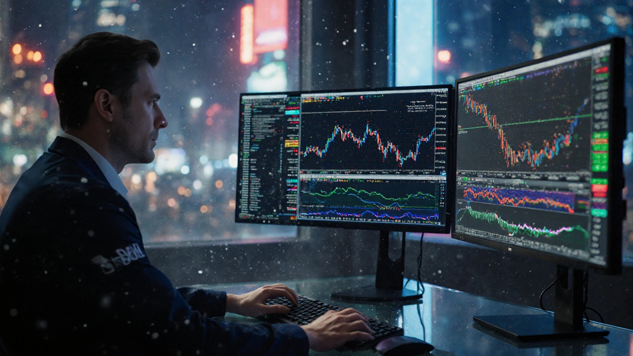 Trader concentré devant plusieurs écrans montrant flux d&#039;ordres et profondeur du marché.