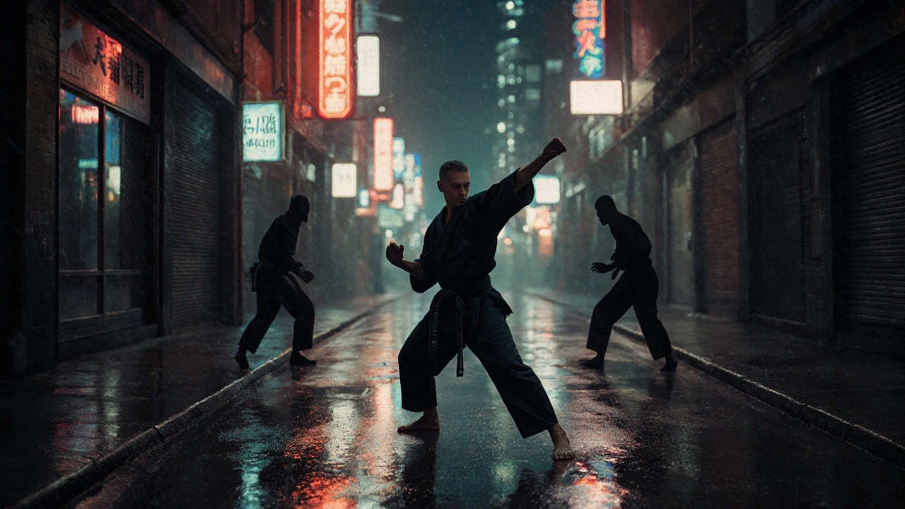 Un karatéka seul dans une ruelle de nuit, menacé par des silhouettes approchant.