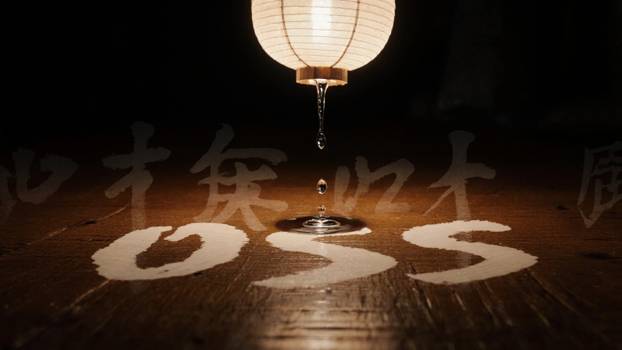 Une goutte de transpiration tombe sur un plancher de bois, entourée d&#039;échos fantômes du mot &#039;OSS&#039;.
