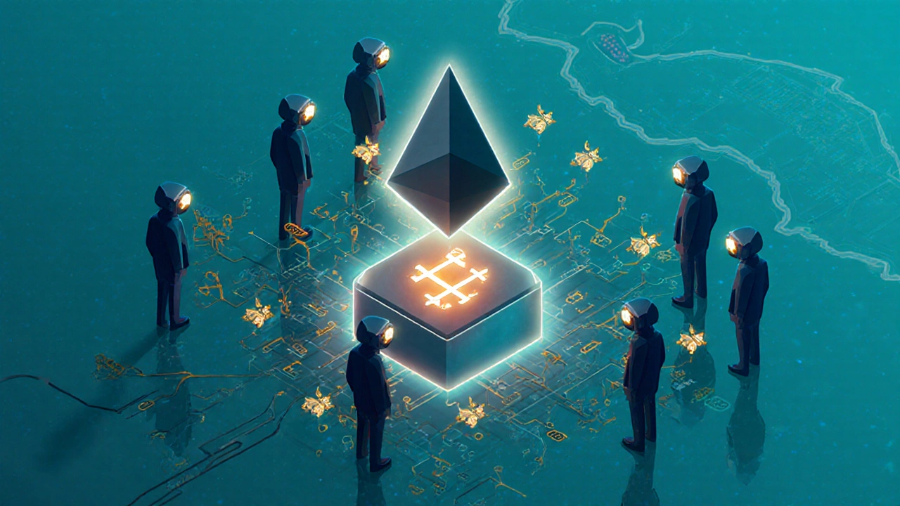 Vue isométrique d&#039;un shard avec validateurs, transaction et arbre d&#039;état Merkle‑Patricia.