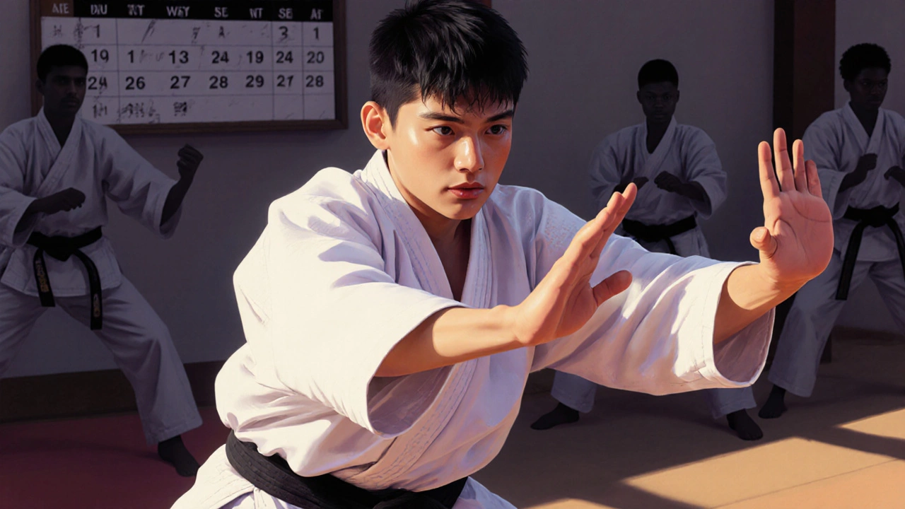 Adolescent en train de pratiquer un kata avec concentration dans un dojo aux lumières chaleureuses.