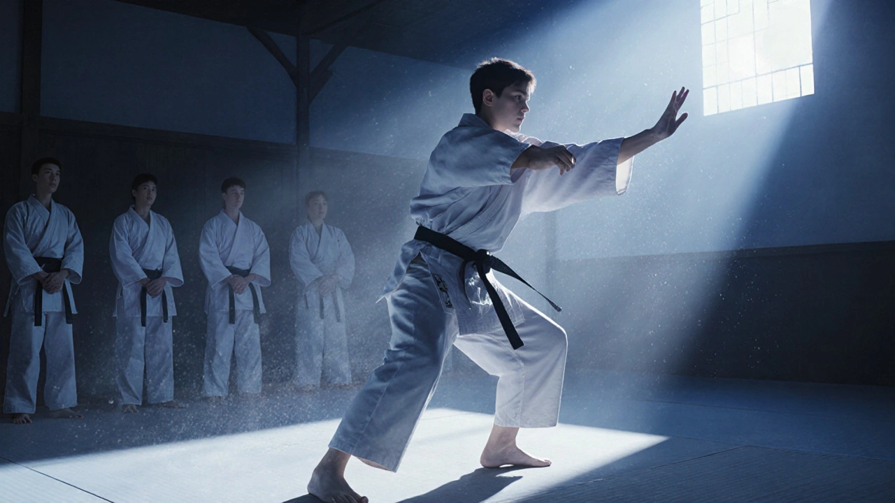 Adolescent en train de réaliser un kata avec concentration dans un dojo paisible, lumière lunaire filtrant par la fenêtre.