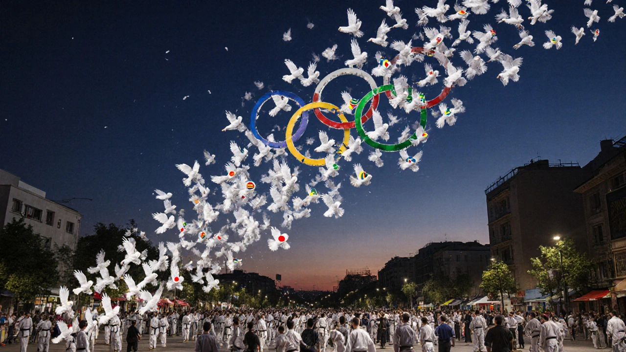Anneaux olympiques brisés se transformant en ceintures blanches flottantes, symbole de la survie du karaté au-delà des Jeux.
