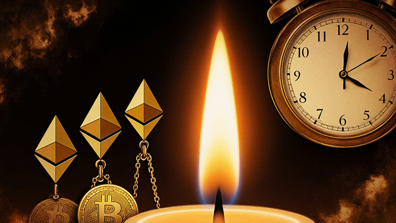 Bougie allumée dont la flamme s&#039;intensifie avec le temps, symbolisant le vote par conviction et des jetons enchaînés.