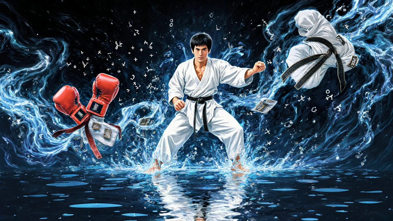 Bruce Lee entouré de symboles des arts martiaux fusionnés en un flux d&#039;eau.