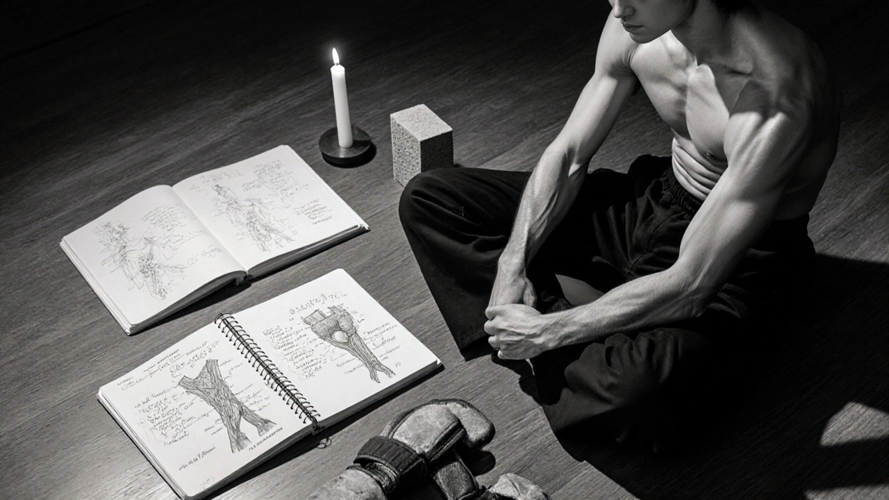 Bruce Lee méditant avec des carnets de science et un briquet brisé à ses pieds.