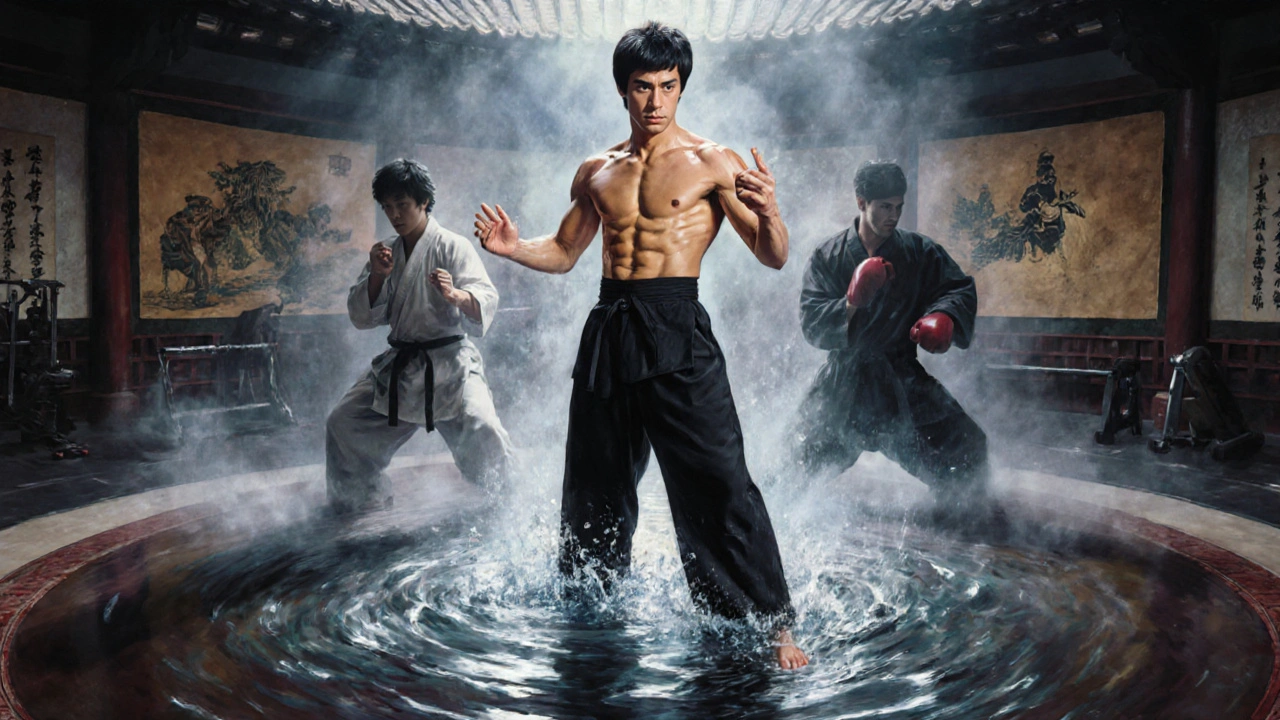 Bruce Lee silhouetté contre de l&#039;eau en mouvement, symbolisant son approche adaptative des arts martiaux.