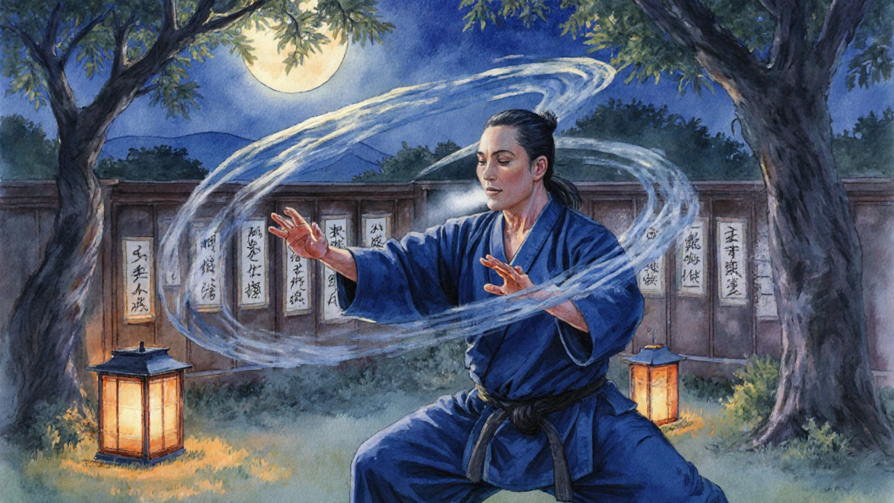 Chojun Miyagi pratiquant le Sanchin sous la lune, mouvements fluides, brume de respiration, jardins et parchemins anciens.