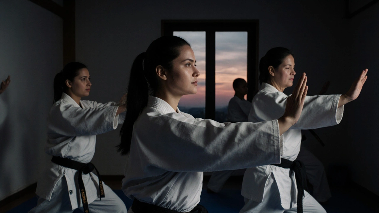 Des adultes pratiquent des formes de taekwondo en silence, au crépuscule, pour trouver calme et concentration.
