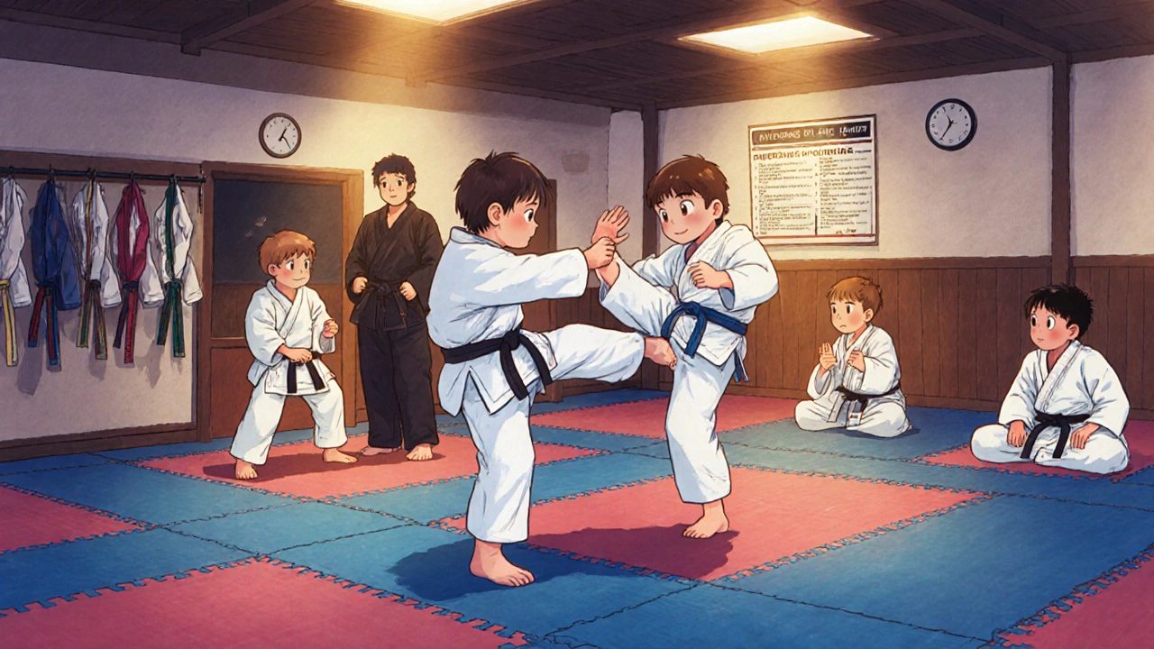 Des enfants de 8 à 10 ans s&#039;entraînent au sparring contrôlé avec respect et soutien mutuel.