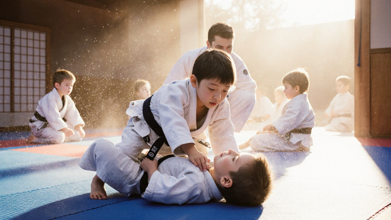 Deux enfants en judo en train de s&#039;entraîner à tomber en toute sécurité sur un tatami.