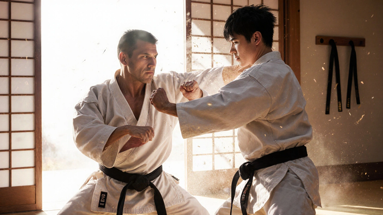 Deux pratiquants en combat contrôlé, un coup de main précis porté au cou, ambiance calme et technique.