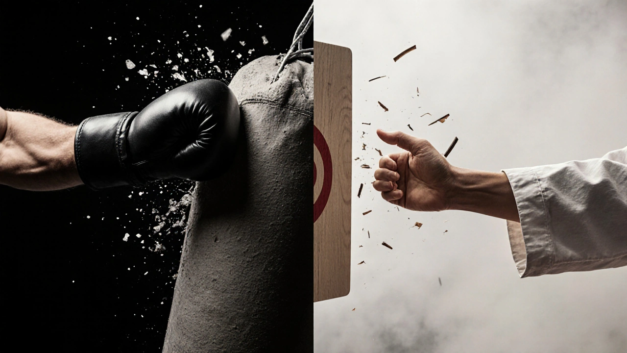 Double image : poing contre sac de sable à gauche, paume contre cible à droite.