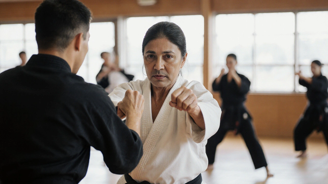 Femme âgée de 40 ans bloquant un coup avec précision pendant un entraînement, regard concentré et calme.