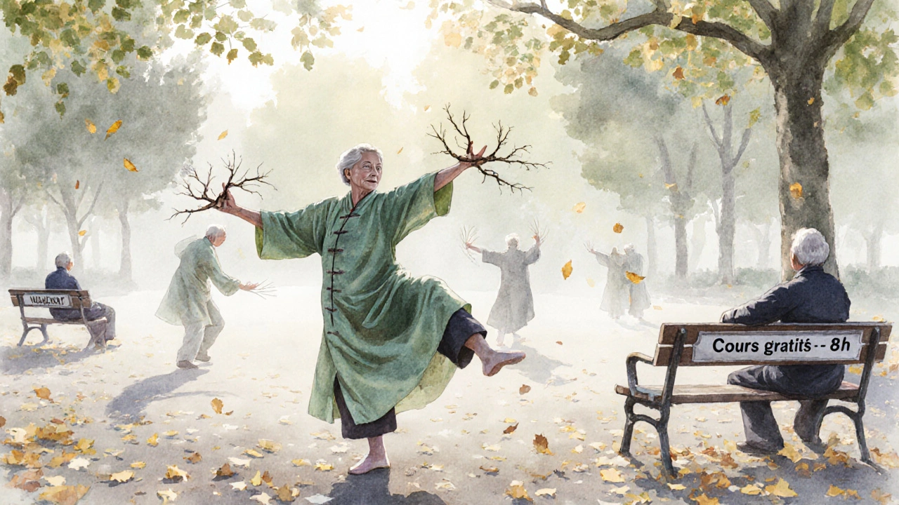 Femme âgée pratiquant le tai-chi au parc de la Tête d&#039;Or à Lyon, au lever du soleil, dans la brume.