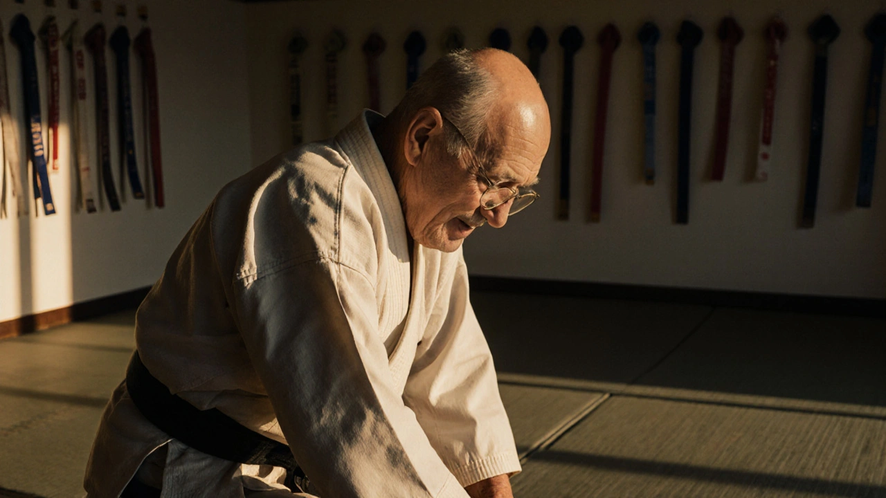 Homme âgé se inclinant après la séance, sourire paisible, gi usé, lumière dorée baignant le dojo vide.