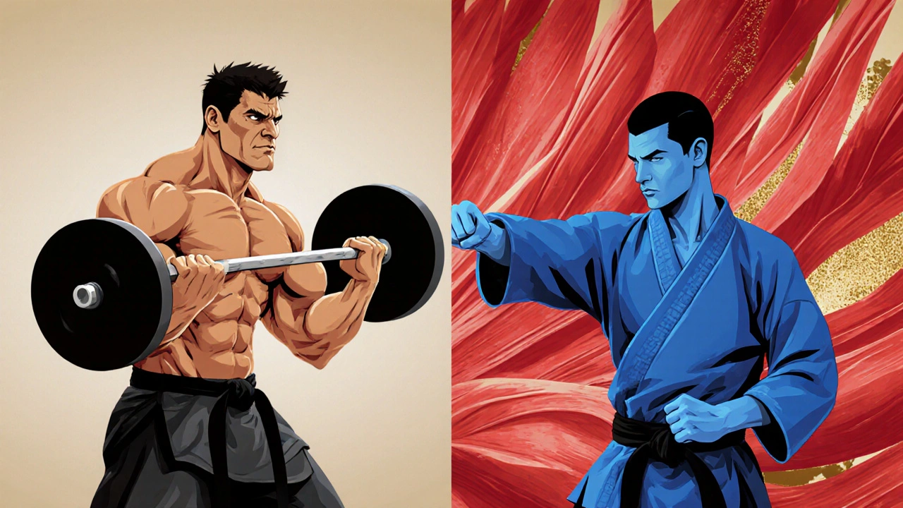Illustration comparant un culturiste et un karatéka : force volumineuse contre force fonctionnelle, fond abstrait aux fibres musculaires.