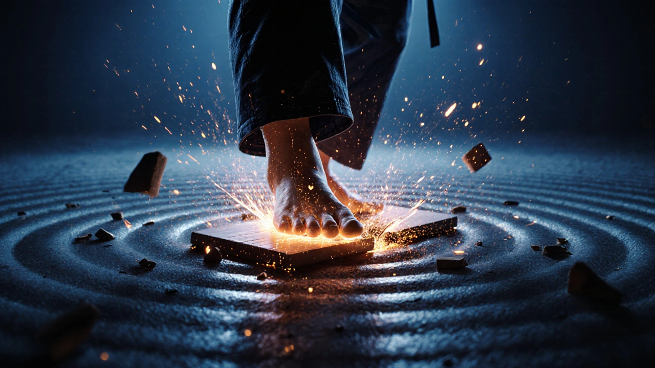 Impact d&#039;un coup de pied circulaire sur une silhouette humaine, avec ondes de choc et débris en suspension.