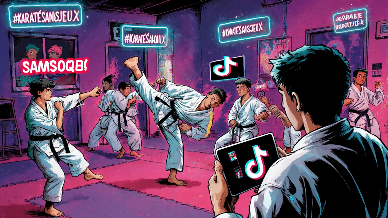 Jeunes pratiquants de karaté dans un dojo moderne en France, entraînés sous des lumières néon avec défis en ligne.