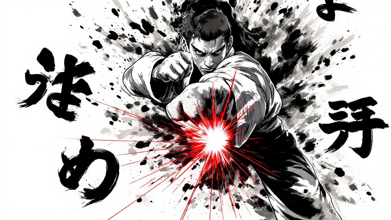 Karatéka en mouvement avec des caractères japonais flottants et une énergie visible en forme de cri.