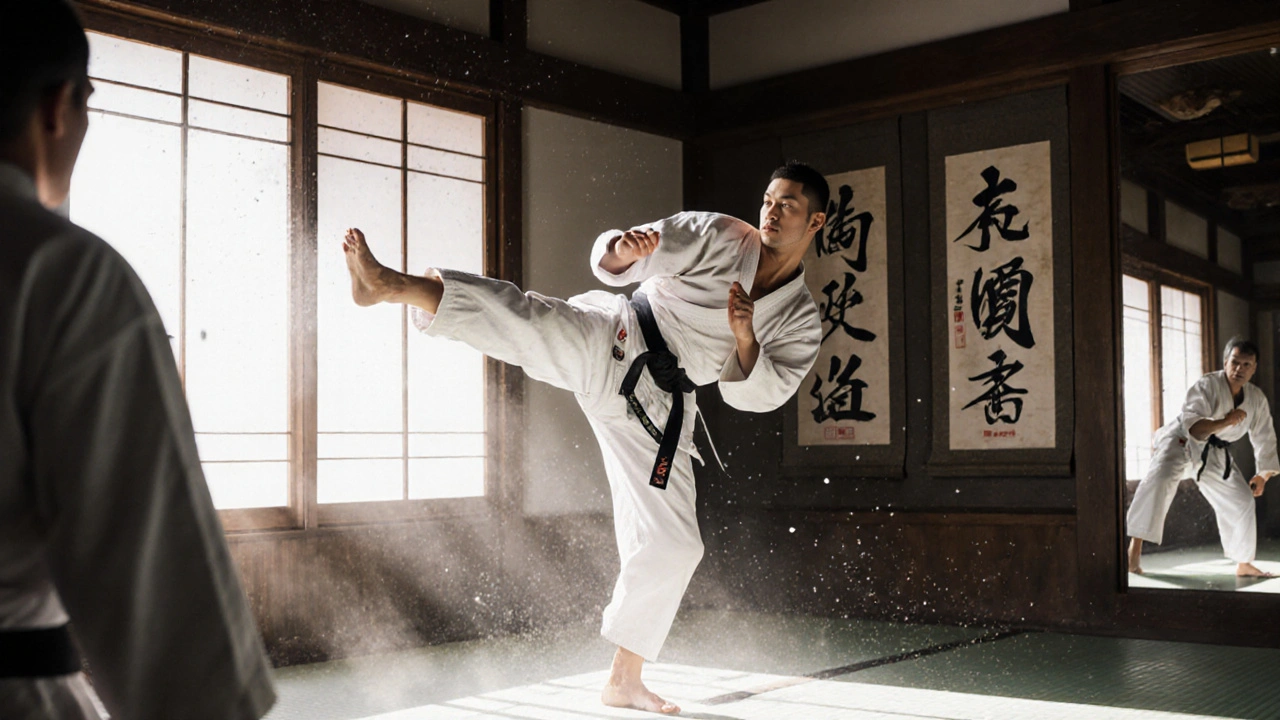 Karatéka en mouvement dans un dojo, coup de pied précis, lumière douce et miroir.