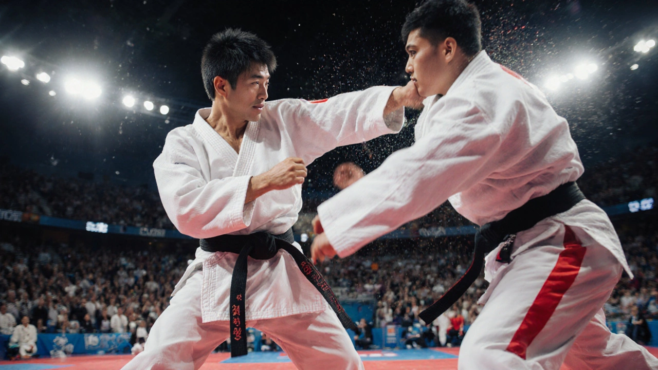 Kenji Midori en pleine action lors d&#039;un combat olympique de karaté.