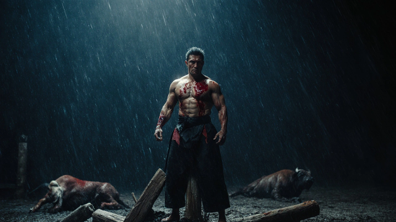 Mas Oyama épuisé mais debout après un combat extrême sous la pluie.