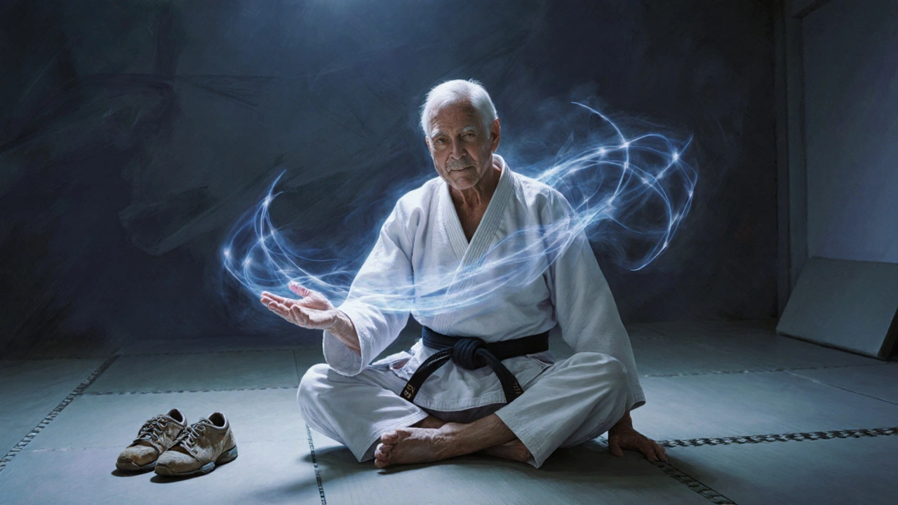 Personne âgée utilisant une technique douce de jujitsu pour détourner une énergie invisible, expression sereine.